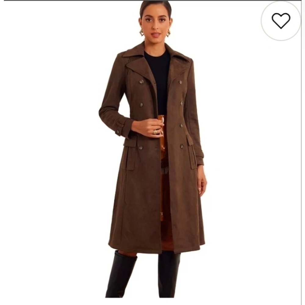 Faux Suede Trench Coat for Women's Notched Lapel Double Long Sleeve Coats
